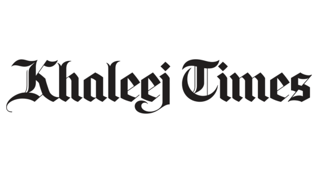 Khaleej Times logo in blackletter font on a dark background.
