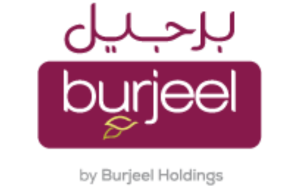Burjeel Holdings logo featuring Arabic script and a leaf motif, set on a maroon background for branding.