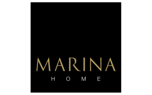 Marina Home logo in gold lettering on a black background, representing a luxury home decor brand.