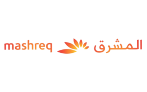 Mashreq Bank logo with stylized sunburst design, featuring the name in English and Arabic.